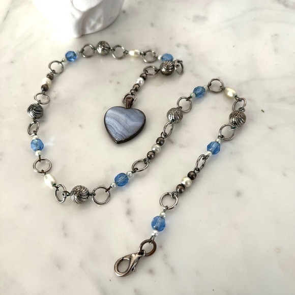 Clouds & Sky Blue Lace Agate Heart Gemstone Chain Lariat Choker Necklace - Picture 6 of 6